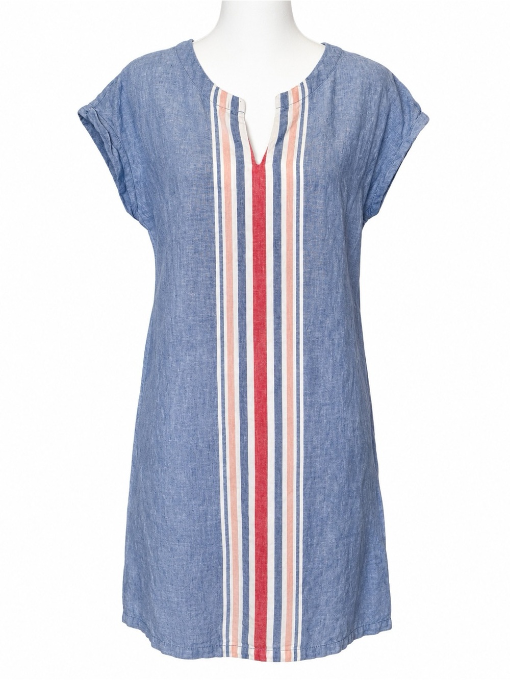 Boden Linen Blue Chambray Shift Dress, Split Neck- 4 Tall Americana Coastal